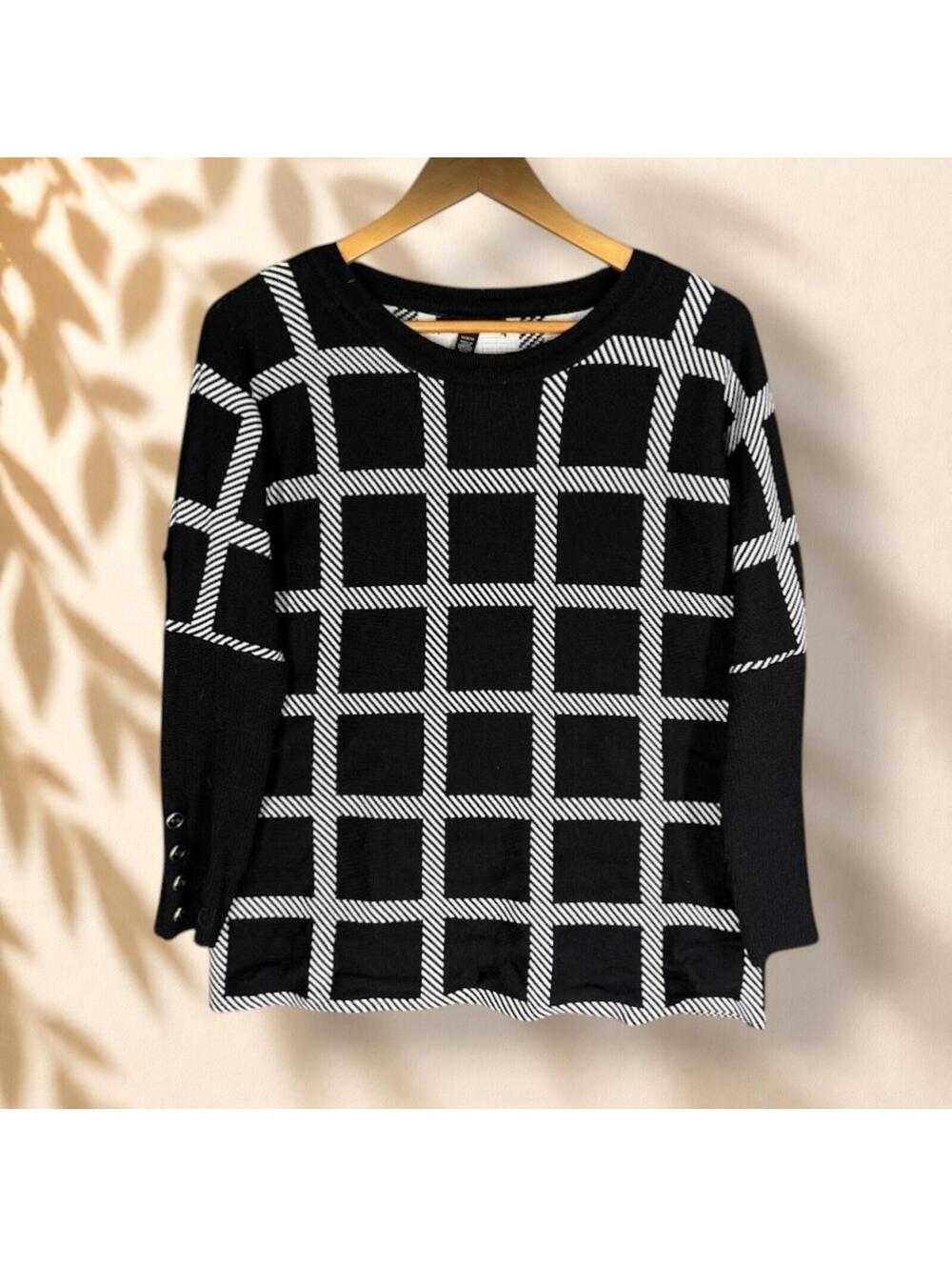 Cable & Gauge Sweater Pullover Women M Medium Black Plaid Knit Long Sleeve Rayon